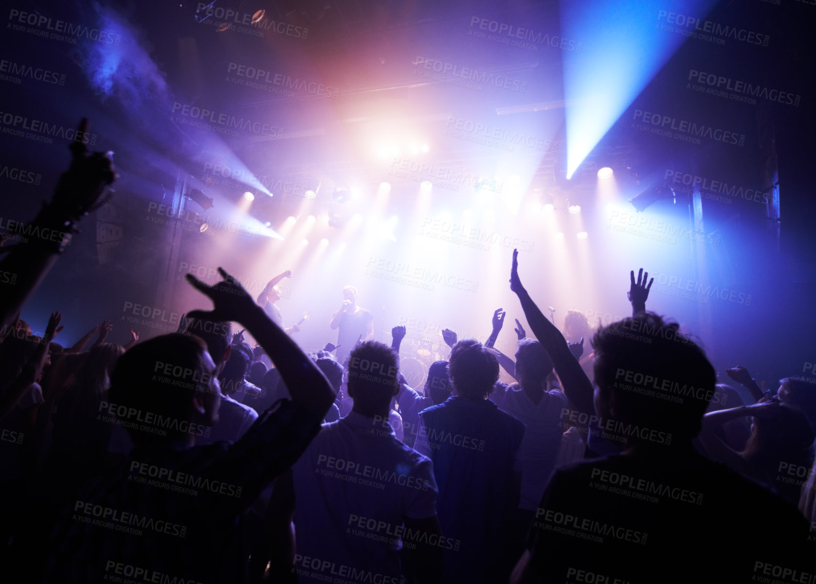 Buy stock photo Music, dance and party with crowd at concert for rock, live band performance and festival show. New year, celebration and disco with audience of fans listening to techno, rave and nightclub event