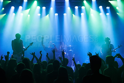 Buy stock photo People, music and live band concert in party event, nightclub festival or dance floor social. Stage lights, musicians and audience crowd dancing in spotlight disco, techno rave or rock entertainment
