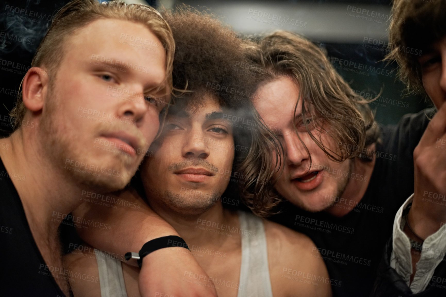 Buy stock photo Cropped portrait of four young male friends