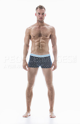 Buy stock photo Portrait, fitness and body of a man in studio isolated on a white background for health or wellness. Exercise, muscle and full length with a young male athlete or model posing in his underwear