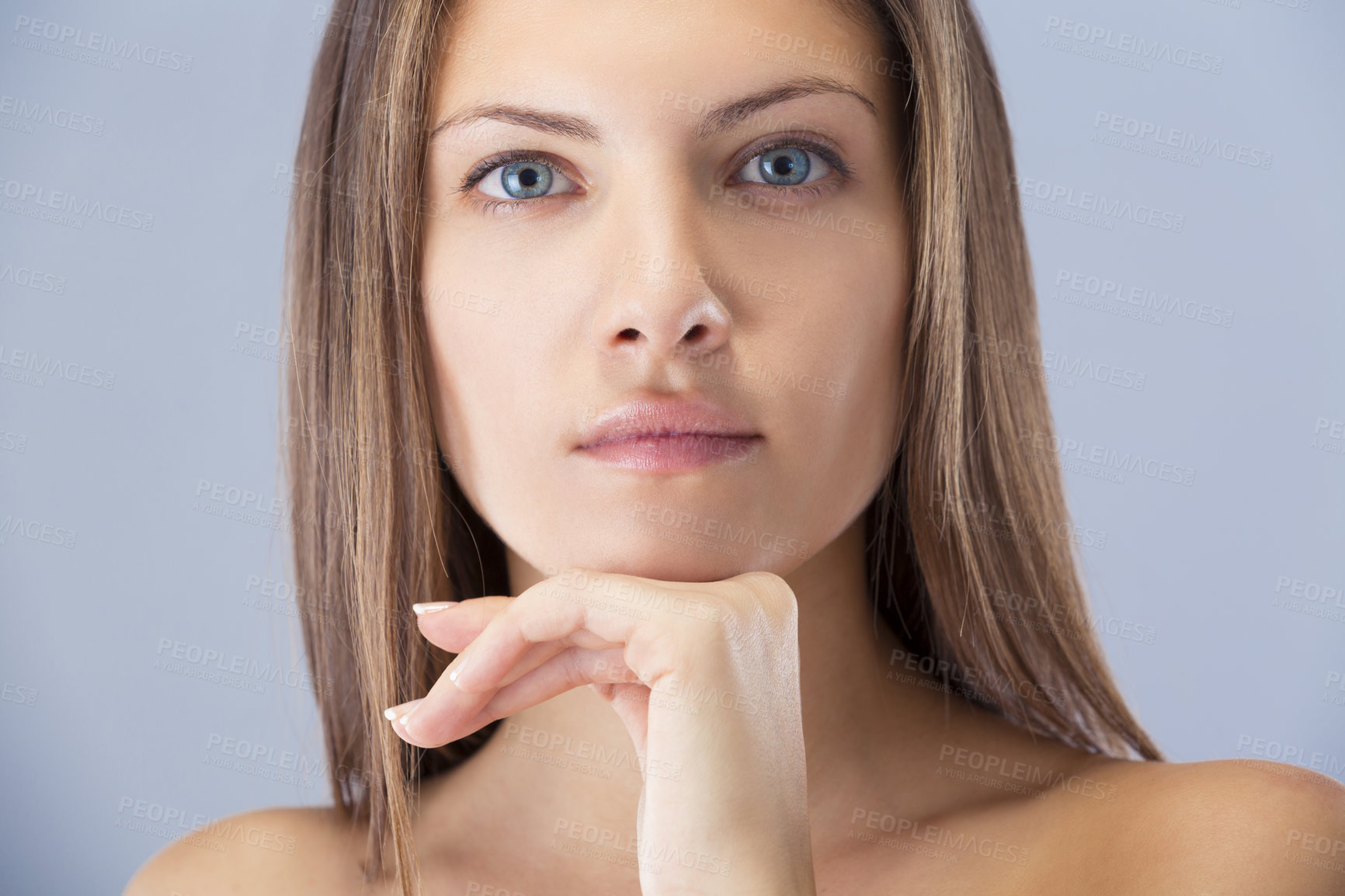 Buy stock photo Beauty, skincare and serious portrait of woman for dermatology in gray background of studio. Facial, cosmetics and person with anti aging treatment on face or skin for wellness and healthy glow