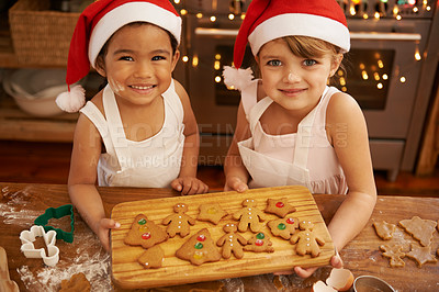 Buy stock photo Christmas, cookies and portrait of children in kitchen for cooking, holiday or festive celebration. Smile, friends and baking with kids at home with gingerbread dessert for content, xmas or tradition