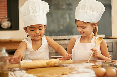Buy stock photo Cooking, learning and children baking pizza at home or bakery for child development or chef education. Growth, siblings or young girl kids bake cookies, cake or bread meals for food with rolling pin