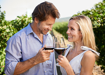 Buy stock photo Shot of a happy couple enjoying wine tasting in a vineyard
