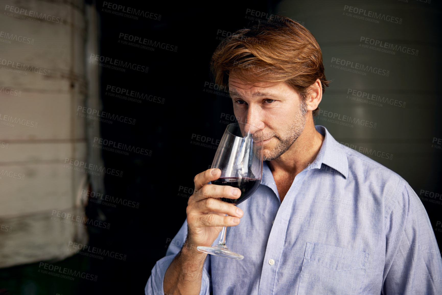 Buy stock photo Wine, smell and man with a glass in a distillery on a farm for the production or fermentation of alcohol. Cellar, industry and scent with a mature male farmer smelling a beverage for quality control