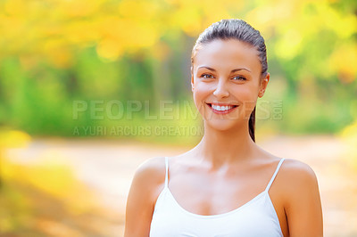 Buy stock photo Outdoor, fitness and portrait of woman with happiness in woods or forest for exercise. Healthy, workout or girl smile in autumn, nature and runner with confidence on path in park or pride in wellness