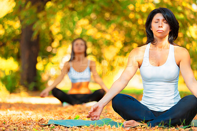 Buy stock photo People, lotus and meditation for wellness outdoor in nature for zen and peace of mind, forest and fitness. Women, calm and breathe for chakra of energy with balance for strength and spiritual