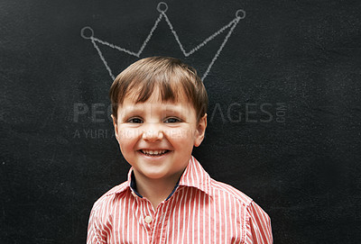 Buy stock photo Boy, portrait and chalk with crown on board with smile in classroom, school and drawing for young skill development. Child, blackboard and creativity for learning, education and growth with happiness