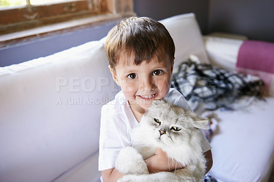 Buy stock photo A young boy sitting on a couch and holding his cat