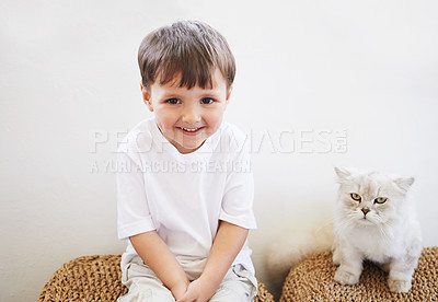 Buy stock photo Child, boy and portrait with cat for pet, best friend and bonding with happiness in living room of home. Toddler, kid and face with animal, kitten and friendship in lounge of house or apartment