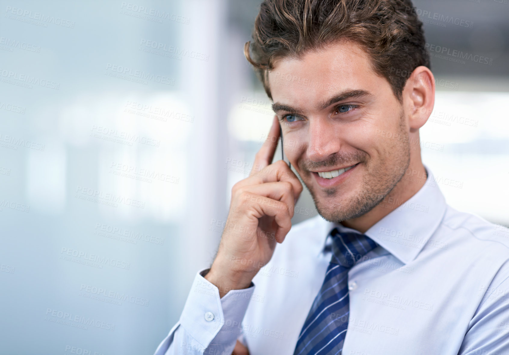 Buy stock photo Businessman, phone call and communication for consulting, networking and discussion on technology. Male person, b2b and mobile app for conversation in workplace, planning and connection in office