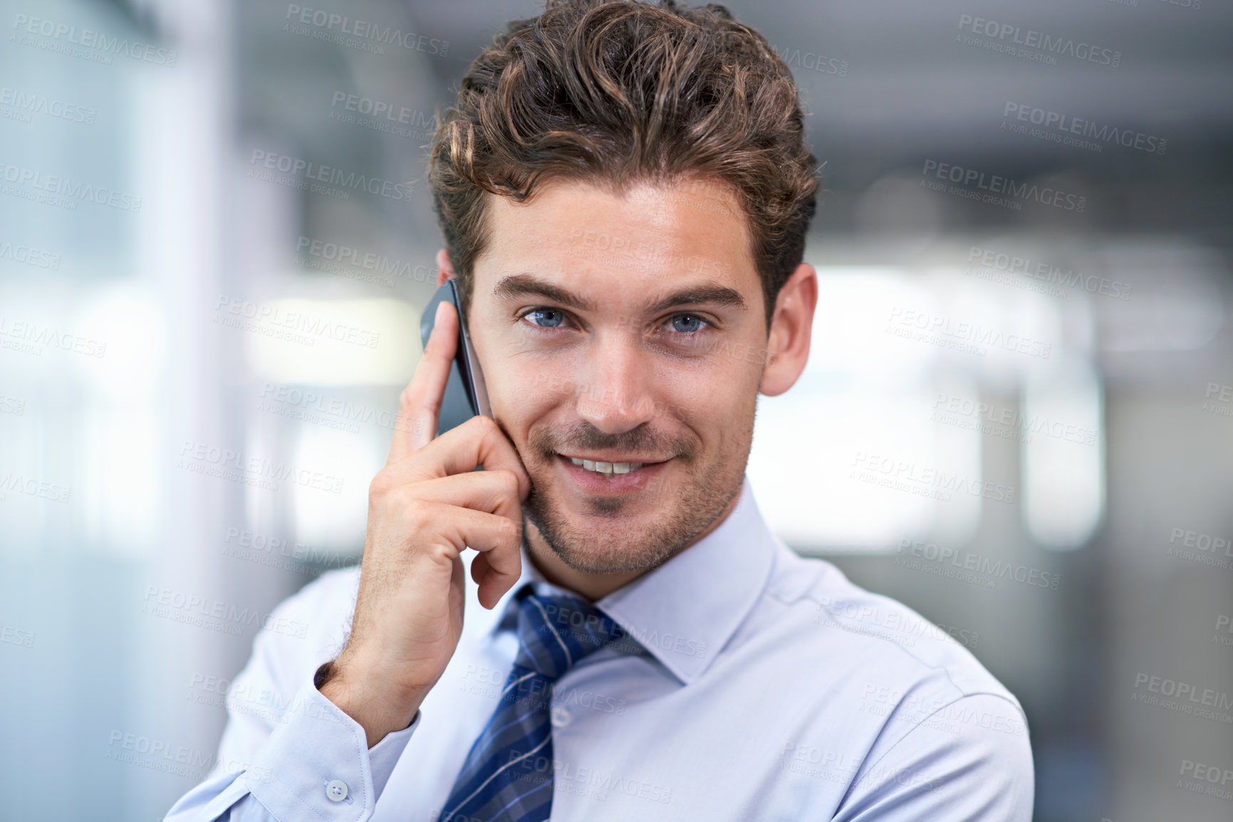 Buy stock photo Businessman, phone call and communication in portrait, networking and discussion on technology. Male person, b2b and mobile app for conversation or consulting, planning and connection in office