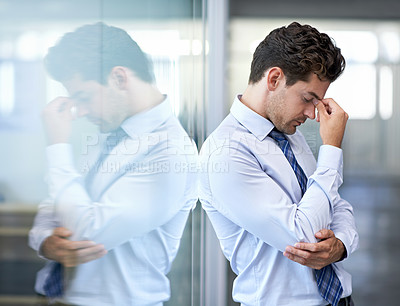 Buy stock photo Headache, tired and business man with stress, burnout and anxiety for financial crisis in office. Frustrated, depression and serious professional with fatigue, sick and fail challenge with mistake