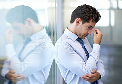 Buy stock photo Headache, stress and business man with burnout, tired or anxiety for financial crisis in office. Frustrated, depression and serious professional with fatigue, thinking or fail with regret for mistake