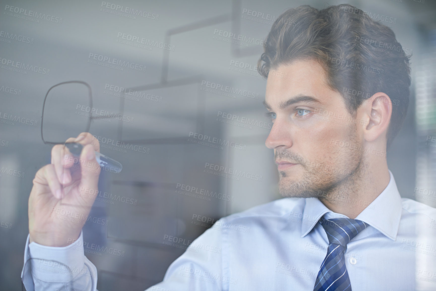 Buy stock photo Professional man, mindmap and planning on glass wall for brainstorming, strategy and idea in office. Thinking, vision and businessman with drawing for analysis, innovation or problem solving