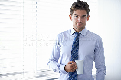 Buy stock photo Portrait, business and man with morning coffee, employee and financial consultant in a workplace. Face, office and broker with espresso and latte with trader on a tea break and person with startup