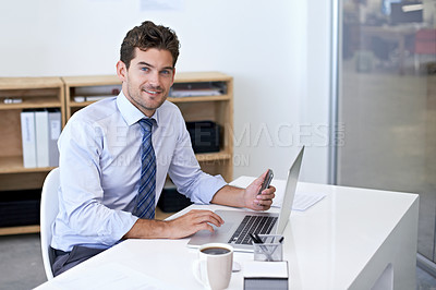 Buy stock photo Laptop, smile and portrait of businessman in office for research on finance budget project. Technology, happy and professional financial advisor working on company account with computer in workplace.