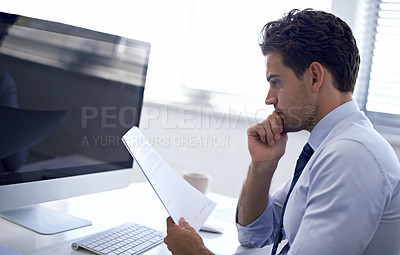 Buy stock photo Human resources, man and office with contract for review, agreement and workplace policy and thinking. Law, labour regulation and paperwork for employment terms and legislation for compliance