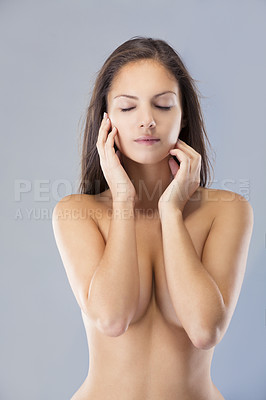 Buy stock photo Sexy, nude and beautiful woman with skincare, natural beauty and salon treatment for body. Calm, naked and a girl or female cosmetics model touching skin for dermatology isolated on studio background