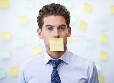 Buy stock photo Businessman, portrait and sticky note for brainstorming, office and professional workspace. Male person, company and confident for silent, startup and entrepreneur for career and corporate control  