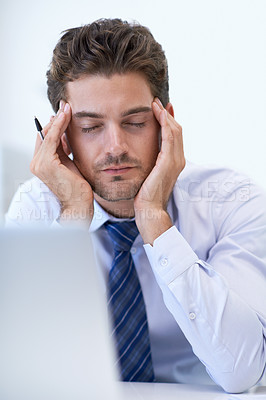 Buy stock photo Sick, headache and business man with pain, stress and anxiety for overwork in office. Migraine, depression and professional massage temples for burnout, fatigue and tired person frustrated by laptop
