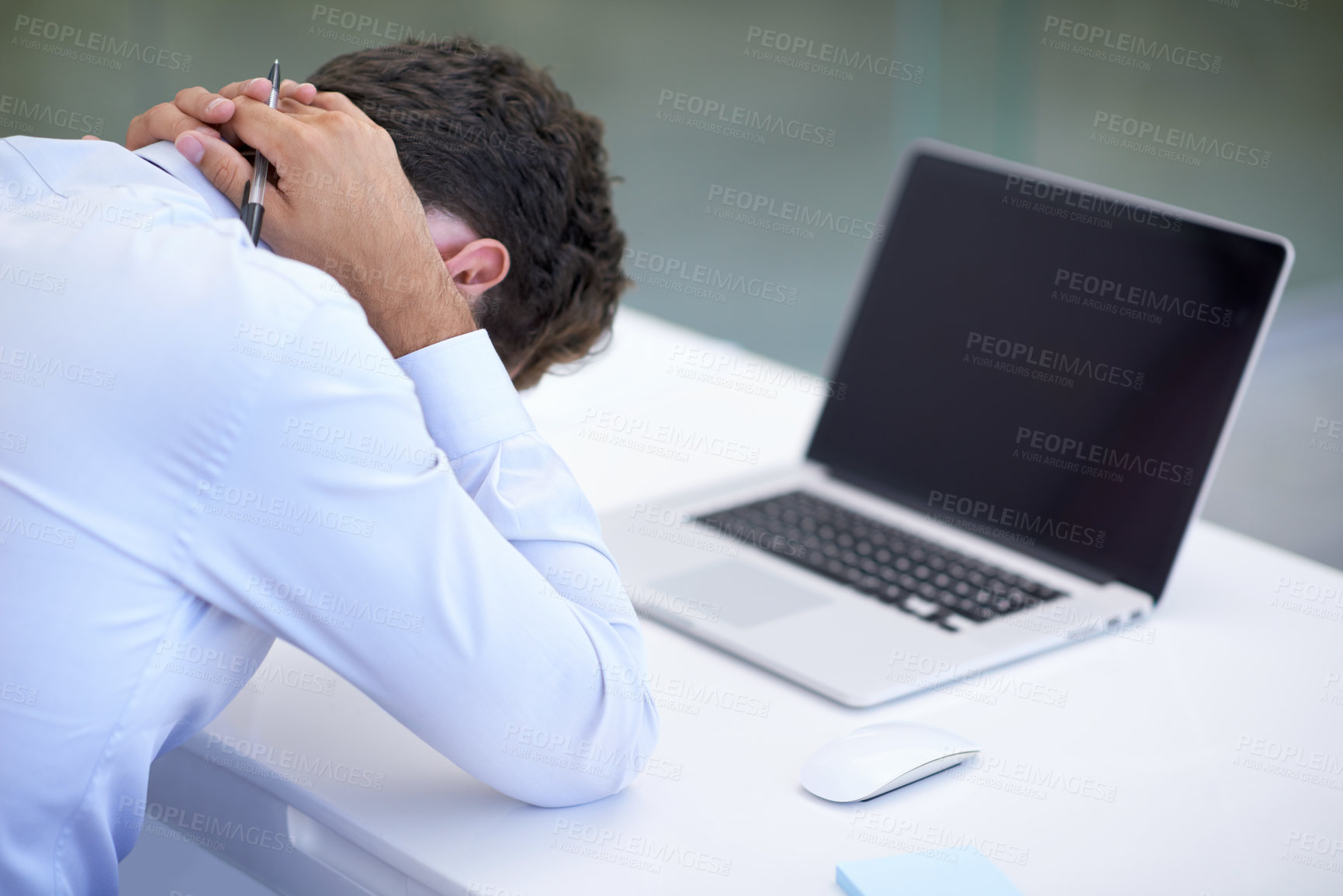 Buy stock photo Business, neck pain and man with laptop, frustrated and deadline with burnout and professional. Person, office and employee with computer and startup with fatigue and tired with a mistake and fail