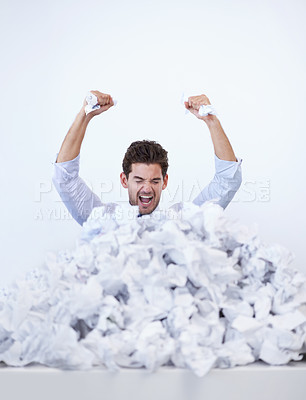 Buy stock photo Businessman, paperwork and pile or frustrated hands in work load as accountant or deadline, document or stress. Male person, corporate and trapped in responsibilities or career, overworked or problem