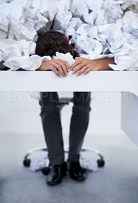 Buy stock photo Businessman, desk and sleep with pile of paperwork, crisis and tired with burnout, stress and admin. Fatigue, audit and man lost in documents, overworked and overwhelmed with pressure in office.