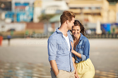 Buy stock photo Couple, laugh and walk on beach for romantic date, jokes and bonding together on holiday in Italy. Happiness, boyfriend and girlfriend for funny outing or rest and relaxation on summer getaway