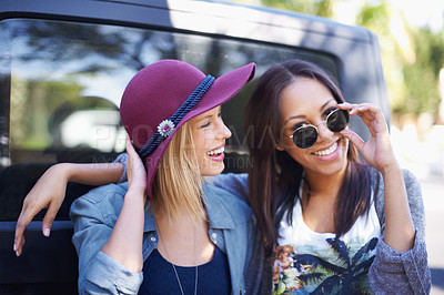 Buy stock photo Portrait, women and smile with hug on road trip, car travel or van life adventure in Canada. Diverse gen z female friends, happiness and sunglasses for carefree bonding on vacation, holiday or drive