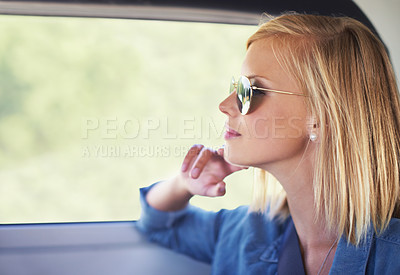 Buy stock photo Thinking, travel and woman in a car, vacation and adventure with weekend break and sunglasses. Person, road trip and girl in a vehicle and freedom with ideas and wonder with thoughts and journey