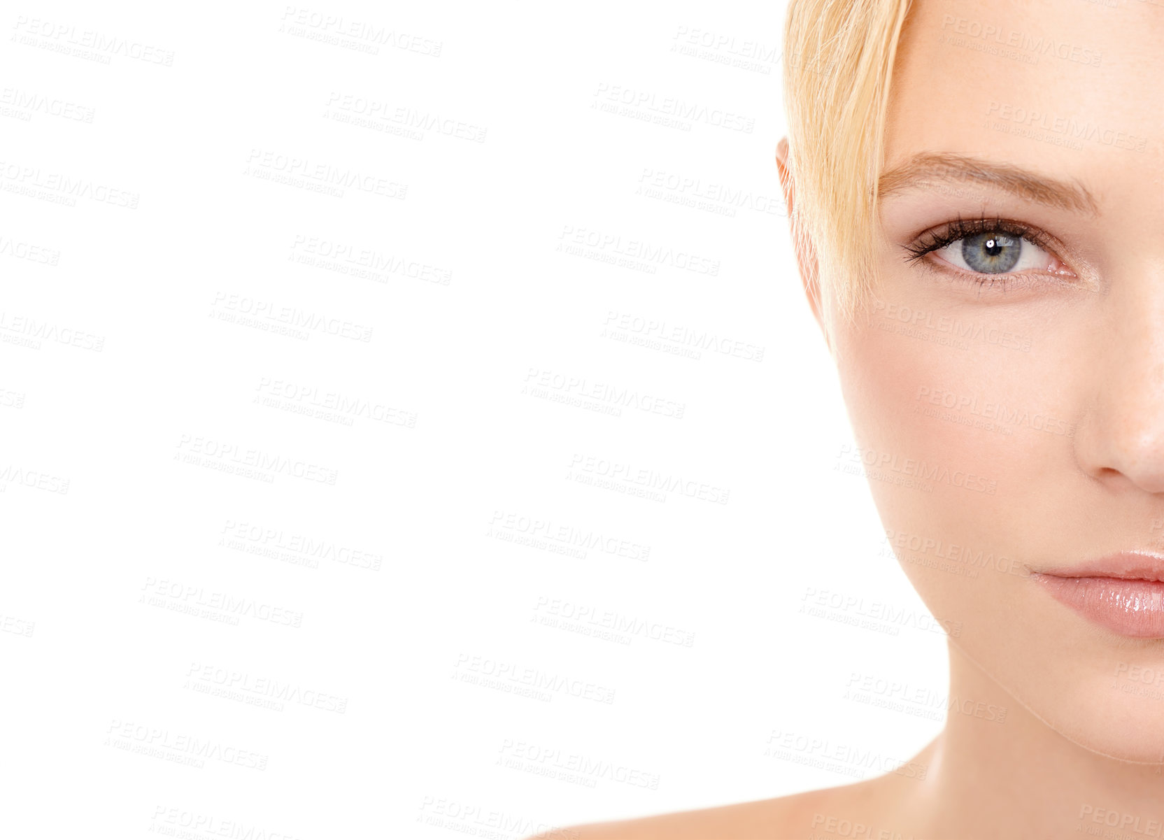Buy stock photo Woman, half face and natural beauty with mockup space for dermatology and shine on white background. Portrait, skincare for skin glow and cosmetics with self care, wellness and treatment in studio