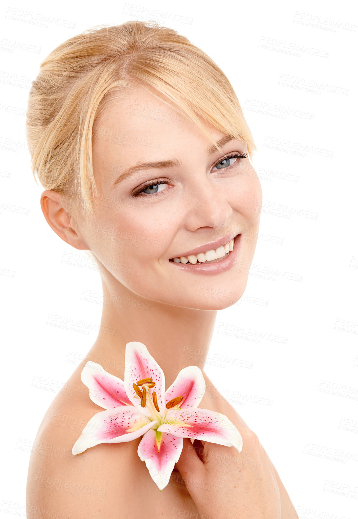 Buy stock photo Beauty, flower and portrait of woman in studio with natural, health and wellness face routine. Cosmetic, skincare and person with floral plant for facial dermatology treatment by white background.