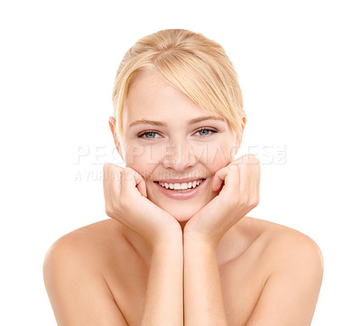 Buy stock photo Skincare, smile and portrait of woman in studio with natural, health and wellness face routine. Cosmetic, beauty and young female person with facial dermatology treatment for glow by white background