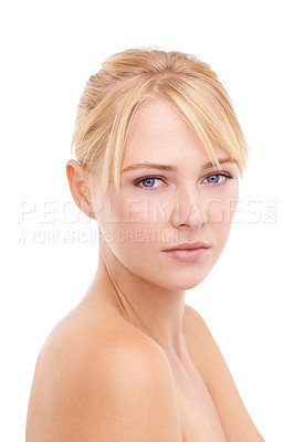 Buy stock photo Skincare, confident and portrait of woman in studio with natural, health and wellness face routine. Cosmetic, beauty and young female person with facial dermatology treatment by white background.