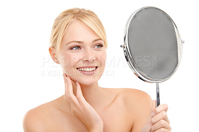 Buy stock photo Face, mirror and woman with beauty for natural skincare and wellness on white background. Reflection, vanity and admiring clean skin with healthy glow, facial treatment and hygiene with smile