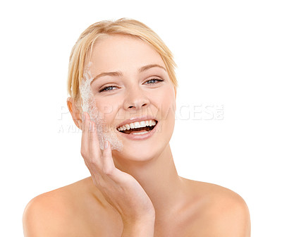 Buy stock photo Woman, face and soap for skin care in studio with smile or excited for bubbles, foam and hygiene. Portrait of happy model or person with facial cleanser or soap for dermatology on a white background