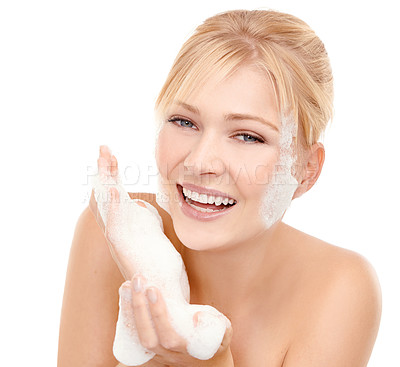 Buy stock photo Female person, portrait and foam on face for skincare with glycerine, peptides and soap for clear skin. Woman, white background and fresh for beauty, hygiene and treatment for wellness and self care