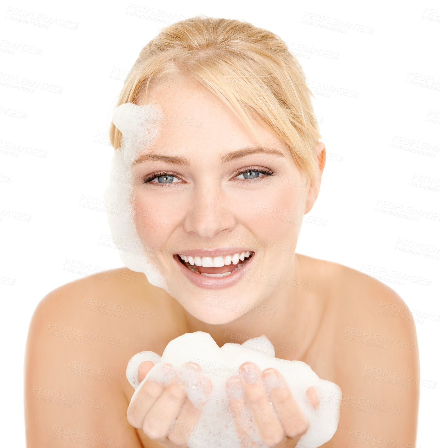Buy stock photo Skincare, portrait and happy woman with foam in studio for cleaning, cosmetics or wellness on white background. Face, soap or female model hands with beauty, treatment or facial, wash and application