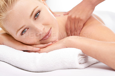 Buy stock photo Woman, portrait and body massage at spa with hands for treatment, skincare and wellness in studio. Face of a happy client or model relax on table with therapist for shoulder, muscle or stress relief