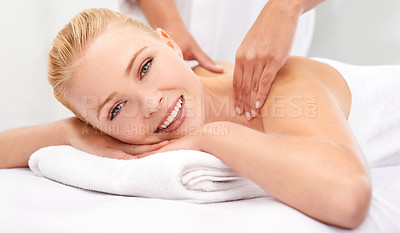 Buy stock photo Spa, hands and happy woman portrait on massage table for stress relief body treatment at wellness resort. Zen, luxury and face of lady on vacation at Thailand salon with masseuse healing or therapy