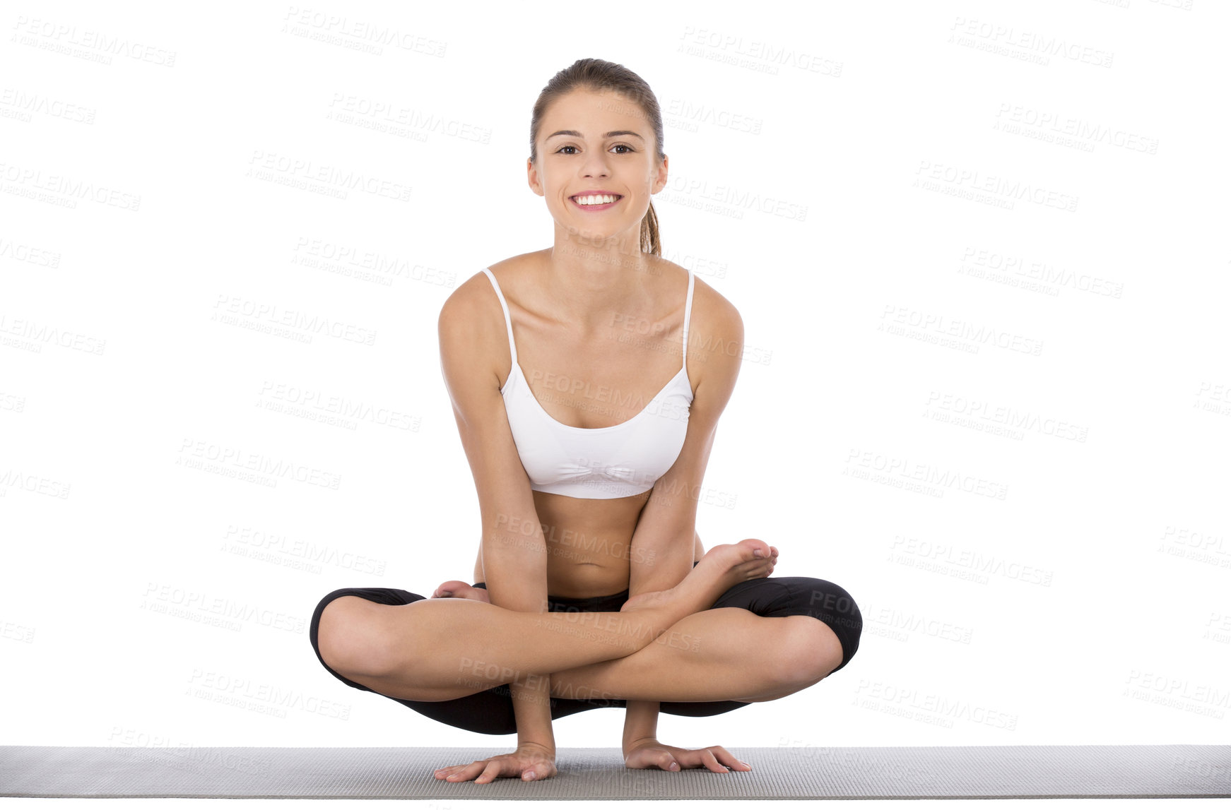 Buy stock photo Woman, yoga and studio on meditation pose, mat and exercise by white background for wellness. Female trainer, pilates and balance on arms, strength and stretches for fitness and workout for health
