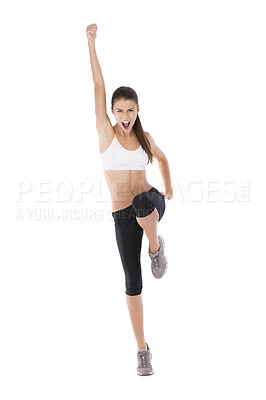 Buy stock photo Woman, fitness and studio in winning, exercise and yoga pose by white background for wellness. Female trainer, pilates and zumba form, strength and stretches for confidence and workout for health
