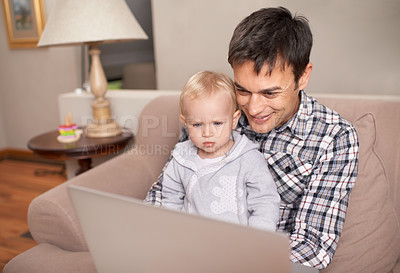 Buy stock photo Happy family, father and baby in living room with laptop, love and live streaming cartoon on weekend in home. Man, daughter and computer with connection, bonding and technology with care in house