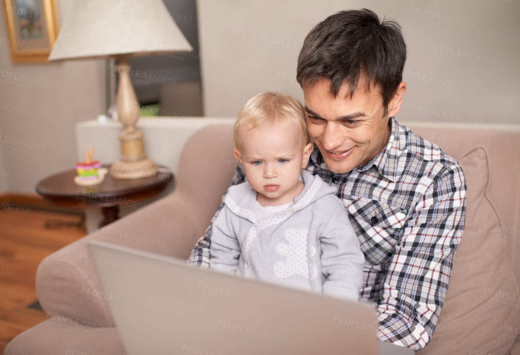 Buy stock photo Happy family, father and baby in living room with laptop, love and live streaming cartoon on weekend in home. Man, daughter and computer with connection, bonding and technology with care in house