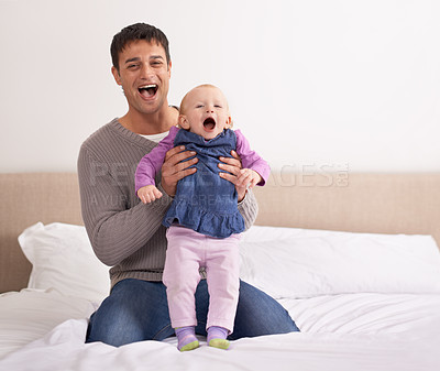 Buy stock photo Love, portrait or father and baby on a bed happy, playing or bonding at home with morning games. Child development, learning and face of dad with girl in a bedroom for fun, support and family time