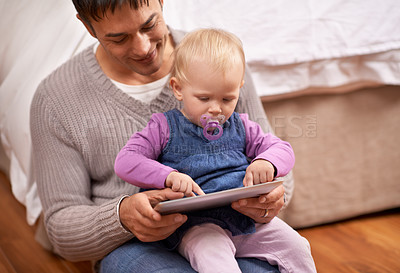Buy stock photo Tablet, search or father and baby on a floor for cartoon, streaming or gaming while bonding at home. Digital, learning or dad and girl in bedroom with storytelling app, fantasy or child development