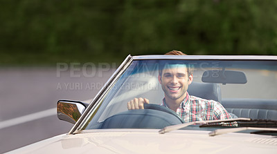 Buy stock photo Happy man, portrait and driving car for road trip, travel or adventure on outdoor adventure. Young male person with smile in vehicle for transportation, holiday getaway or drive on street in nature