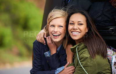 Buy stock photo Happy woman, friends and hug for road trip, vacation or outdoor holiday together at the back of a van. Female person with smile for friendship, summer break or freedom in relax by vehicle or car