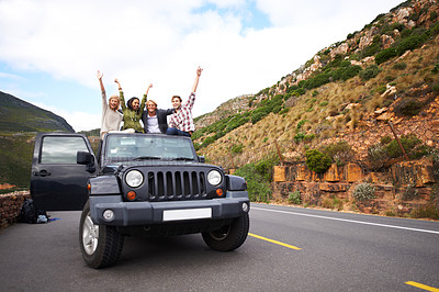Buy stock photo Happy friends, celebration and road trip in roof of car for holiday weekend, travel or outdoor vacation. Excited group of people with hands in air for vehicle transportation, traveling or journey